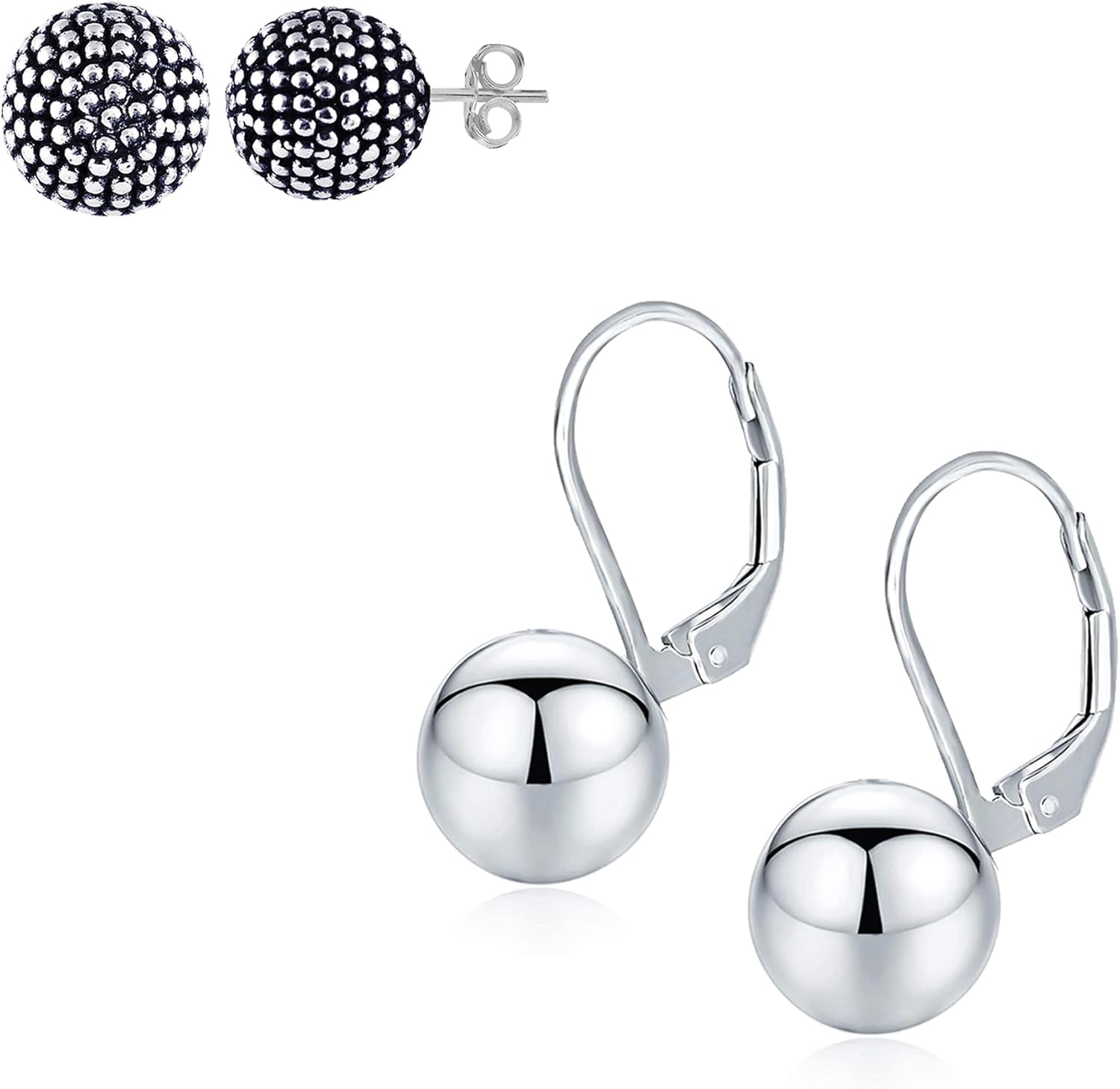 Charmsy 925 Sterling Silver Ball Beaded Earrings Bundle | Set of 2 Pair Classic Antique Ball Earrings Combo for Women Teens
