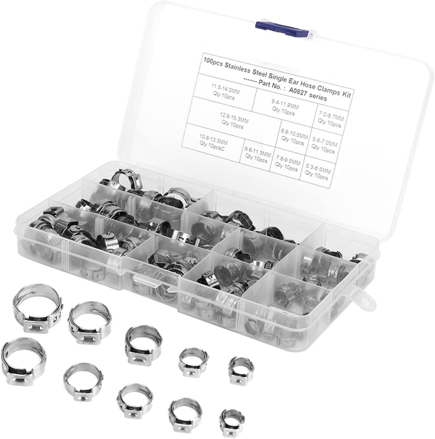 BAFOVY Single Ear Hose Clamp Stepless Clamp Kit Stainless Steel 100pcs Assortment with 360° Endless Design for Small Cars Trucks Agricultural Vehicles