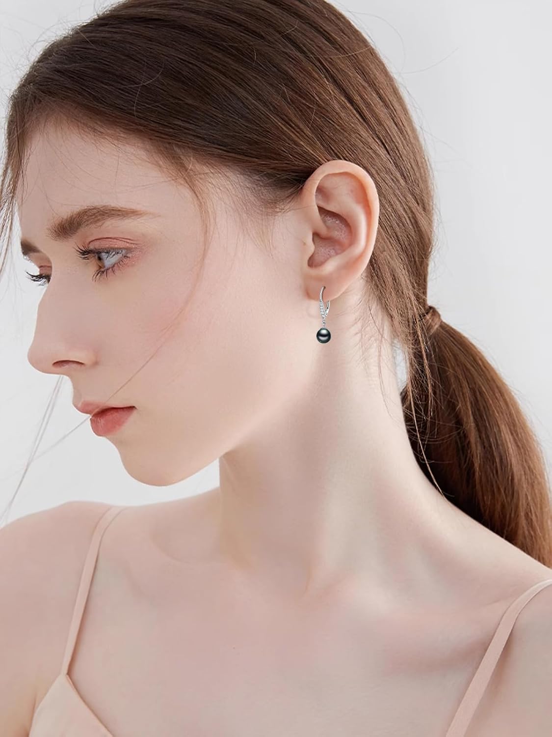 Tahitian Black Pearl Earrings Hoop Leverback Dangle 18K White Gold Plated 925 Sterling Silver Black Pearl Jewelry Gift for Women Her - Image 5