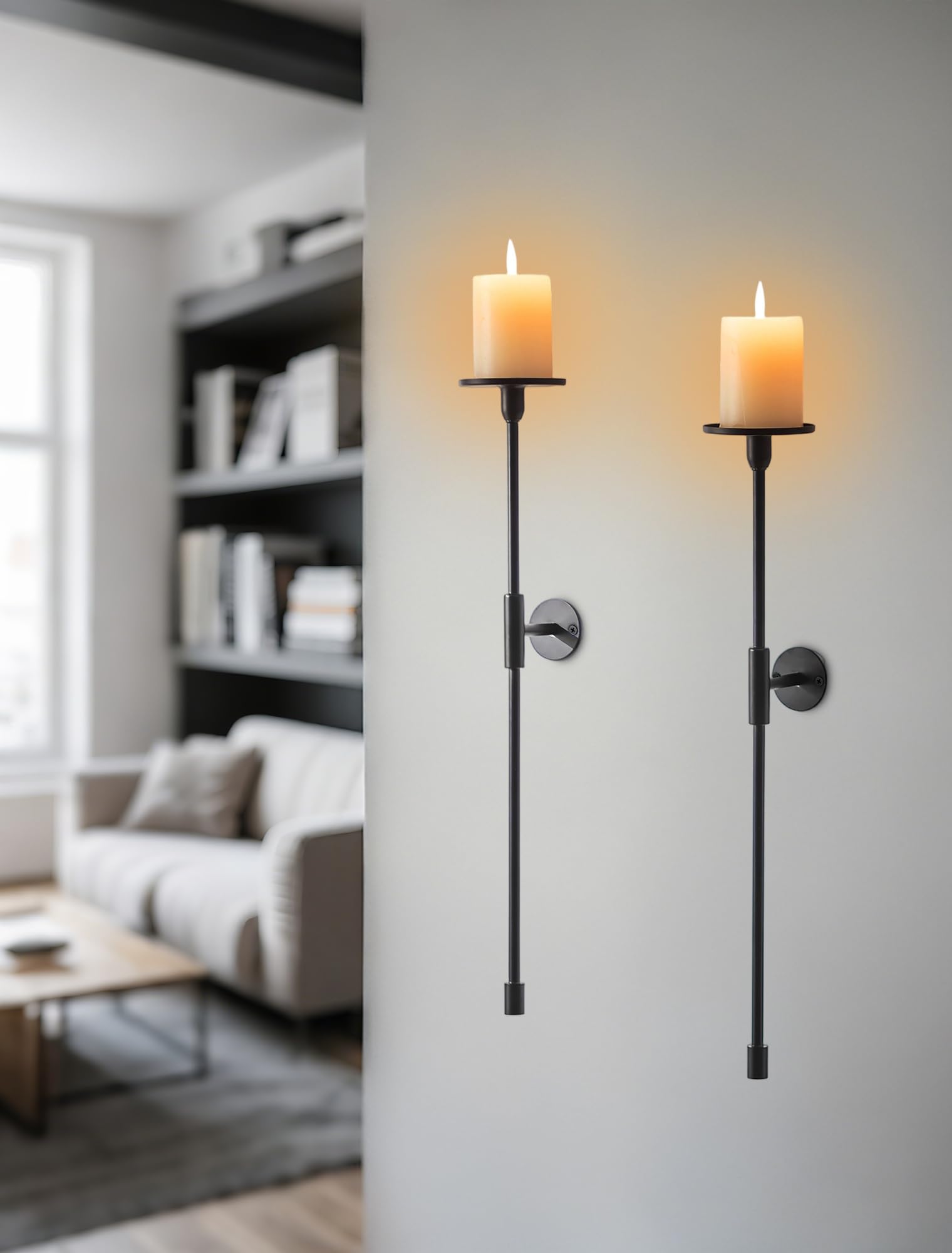 Sziqiqi Portacandele da Parete Nero: Applique da Parete Lunghe 60cm per Candele a Colonna - Candeliere da Parete in Metallo Set di 2 - Decorazione Murale Moderna per Soggiorno Bagno Camino Corridoio