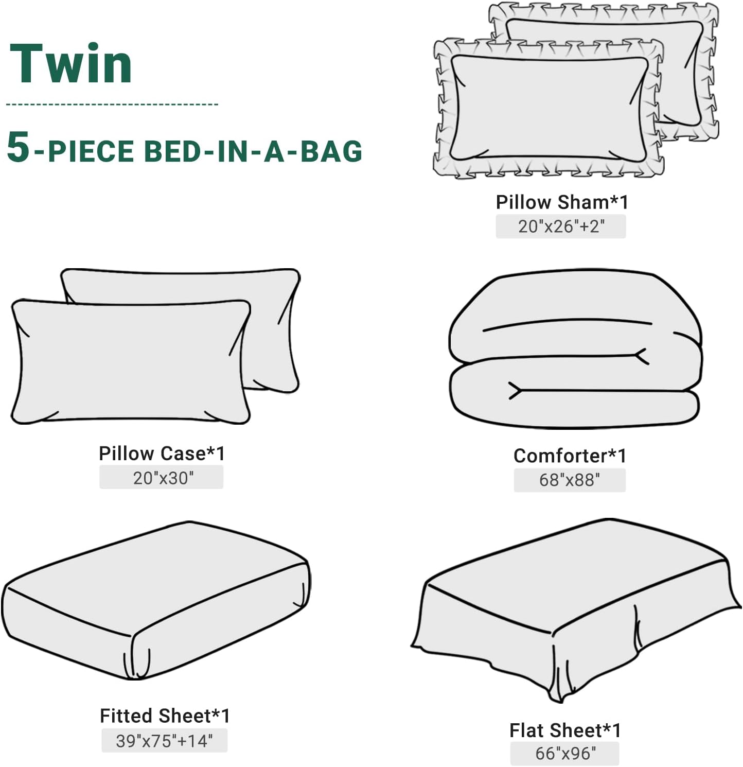 JOLLYVOGUE Green Twin Size Comforter Sets 5 Pieces, Pintuck Bed in a Bag Comforter Set for Bedroom, Bedding Comforter Sets with Comforter, Sheets,Ruffled Shams & Pillowcases - Image 5