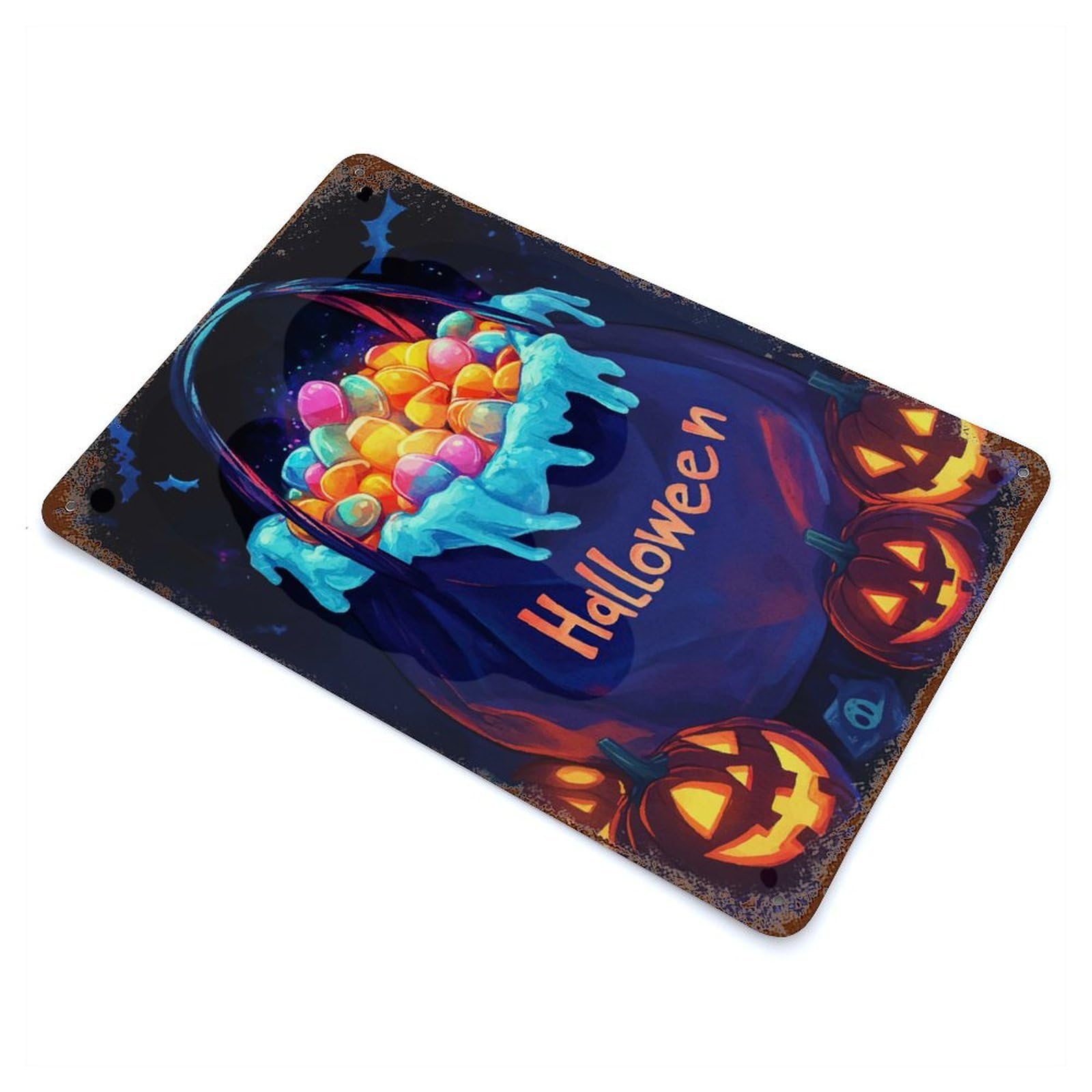 Halloween Candy Bag Pumpkins Vintage Wall Sign 11.8"x7.9", Rust Effect Metal Decor for Basement, Hobby Room And Garage Decor