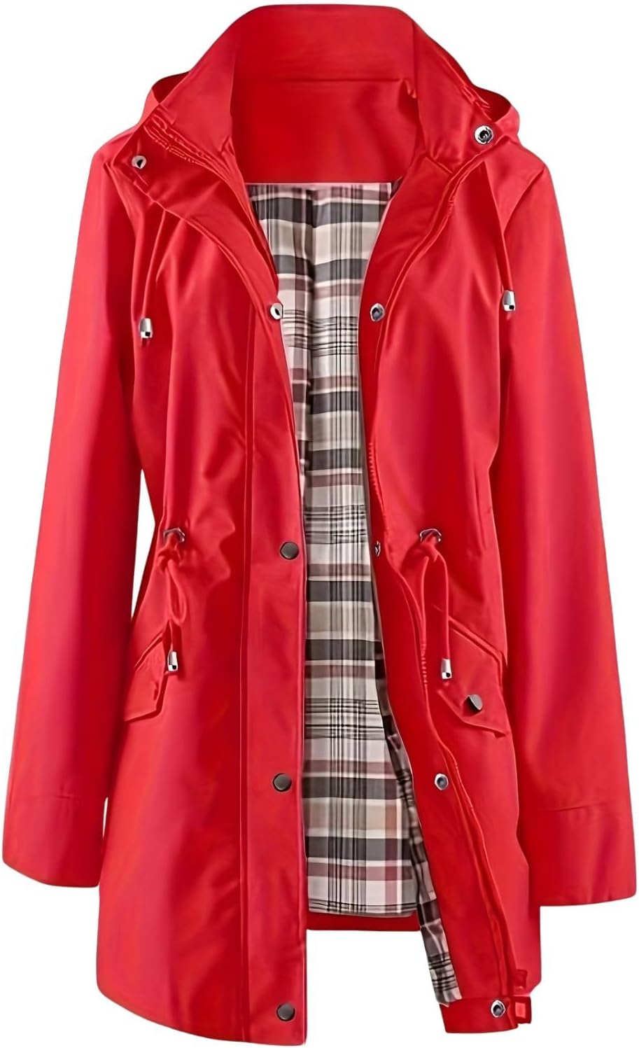Tenna Teki Women Plus Size Tartan Plaid Jacket Lightweight Hooded Coat Drawstring Waist Casual Zip-Up Outerwear