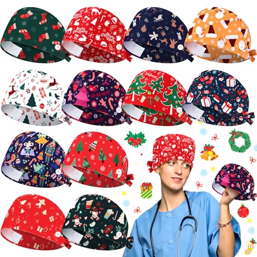 JaGely 12 Pcs Christmas Scrub Caps Working Surgical Cap Nurse Hats with Buttons and Sweatband Adjustable Tie Back Xmas Bouffant Hats for Women Men