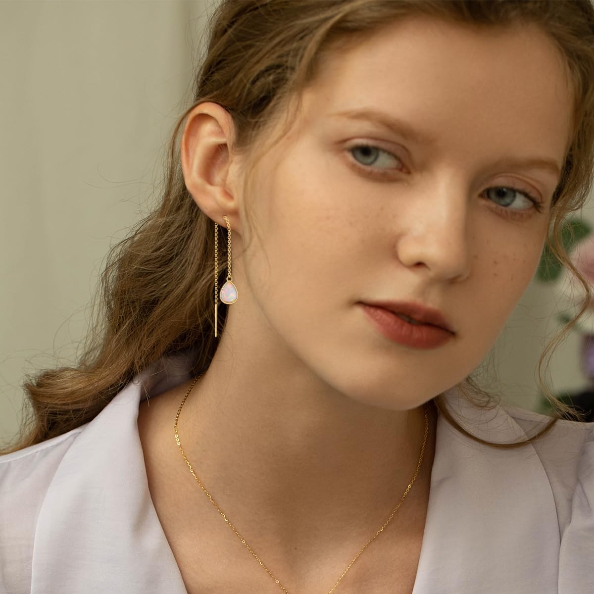 KECHO 14K Solid Gold Threader Earrings for Women Long Chain Earrings Opal Moonstone Emerald Black Onyx Crystal Earring Bithday Mothers Day Jewelry Gifts for Mom Wife Friends