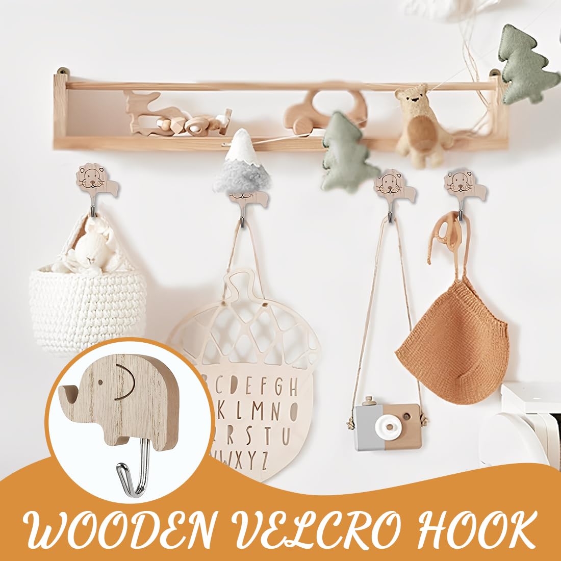 Appendiabiti per bambini in legno set 8 ganci autoadesivi animali elefante balena gatto leone coniglio giraffa