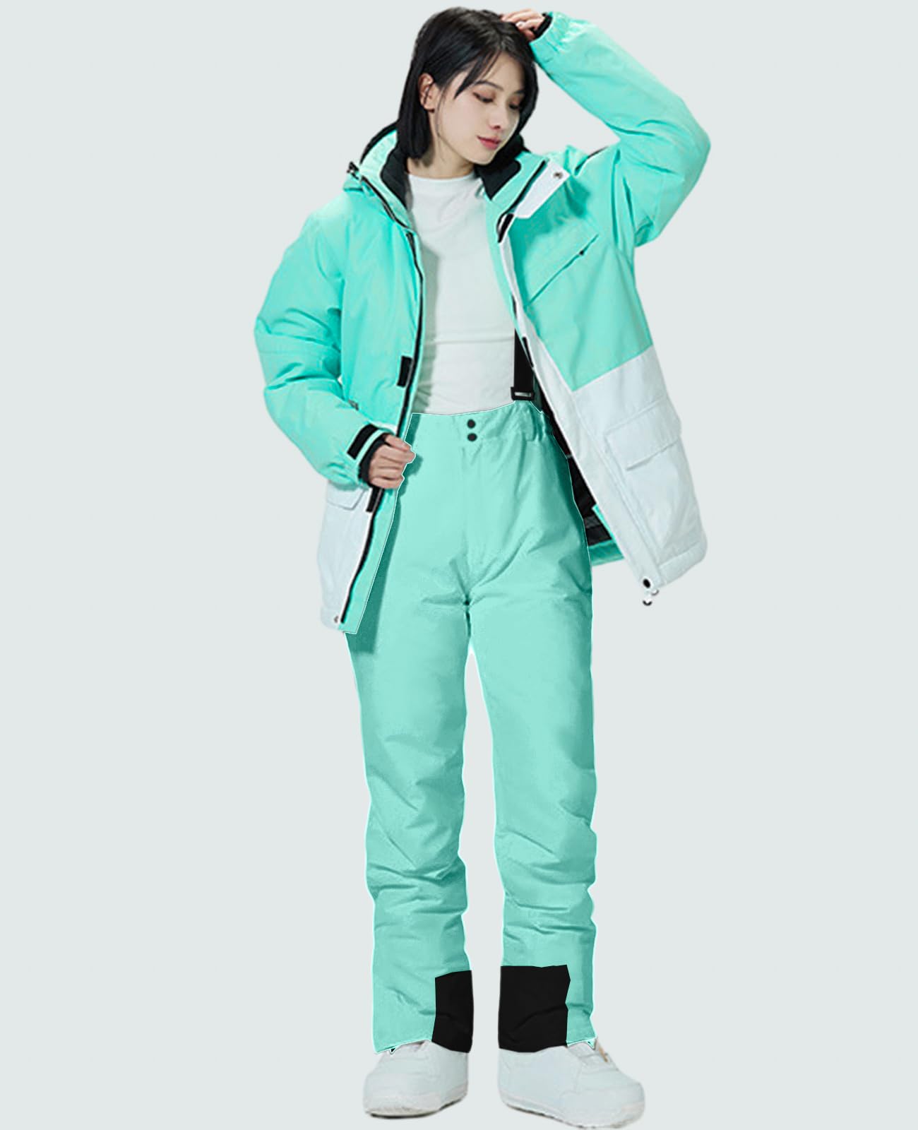 WOWULOVELY Women's Waterproof Ski Jacket and Pants Winter Windproof Rain Warm Hooded Coat Snowsuit Snowboarding, 133LB, Black,M