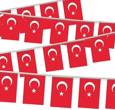 32FT Turkey Pennant Small Flag Bunting,30 PCS Mini String Banner Stripes Turkish Decor Rectangle for Holiday Restaurant Home Party School