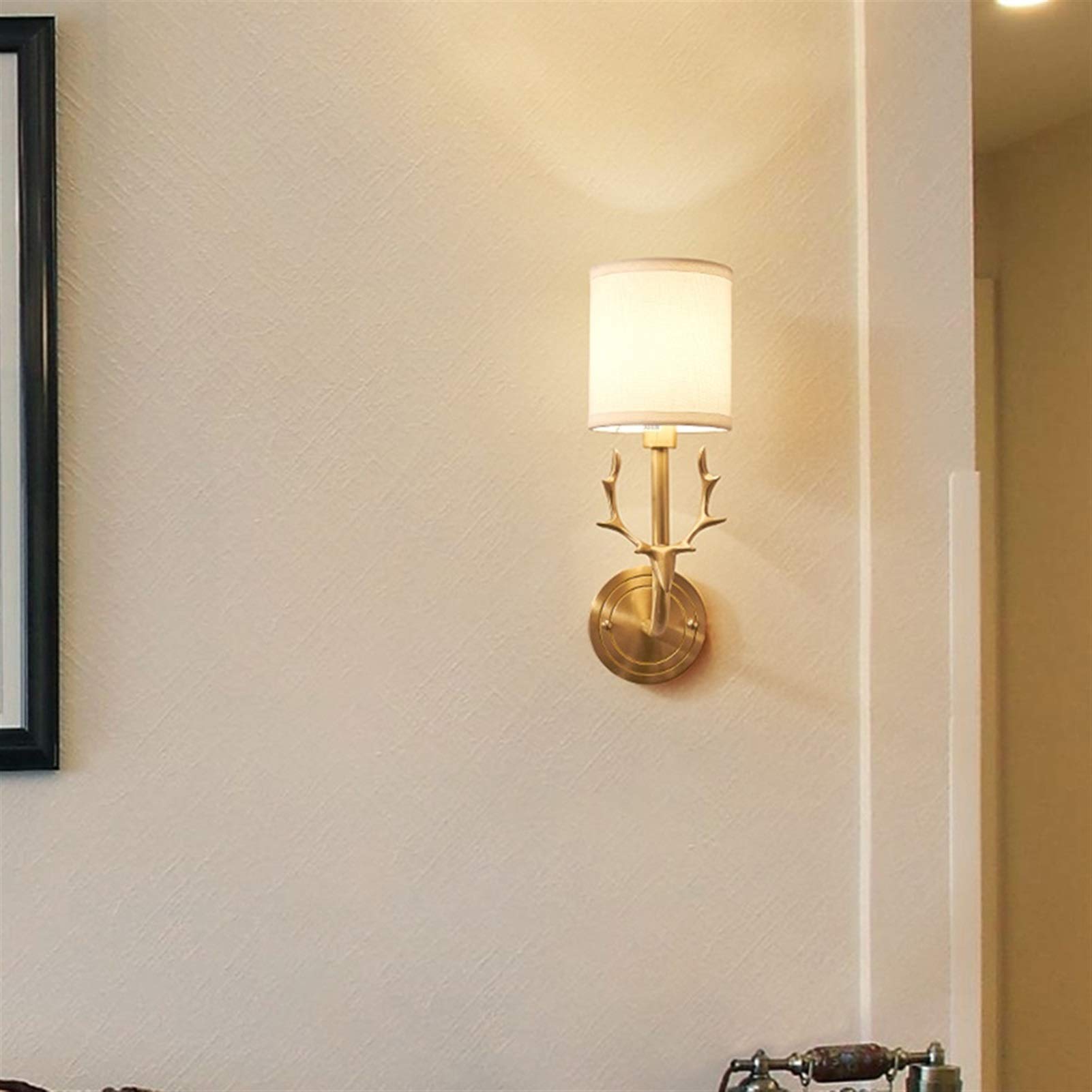Lámpara de Pared, Creativa lámpara de Pared con Forma de asta de Ciervo, de Cobre, de un Solo Cabezal, para baño, vestidor, iluminación Interior, Pantalla de Tela, Adecuada para sa