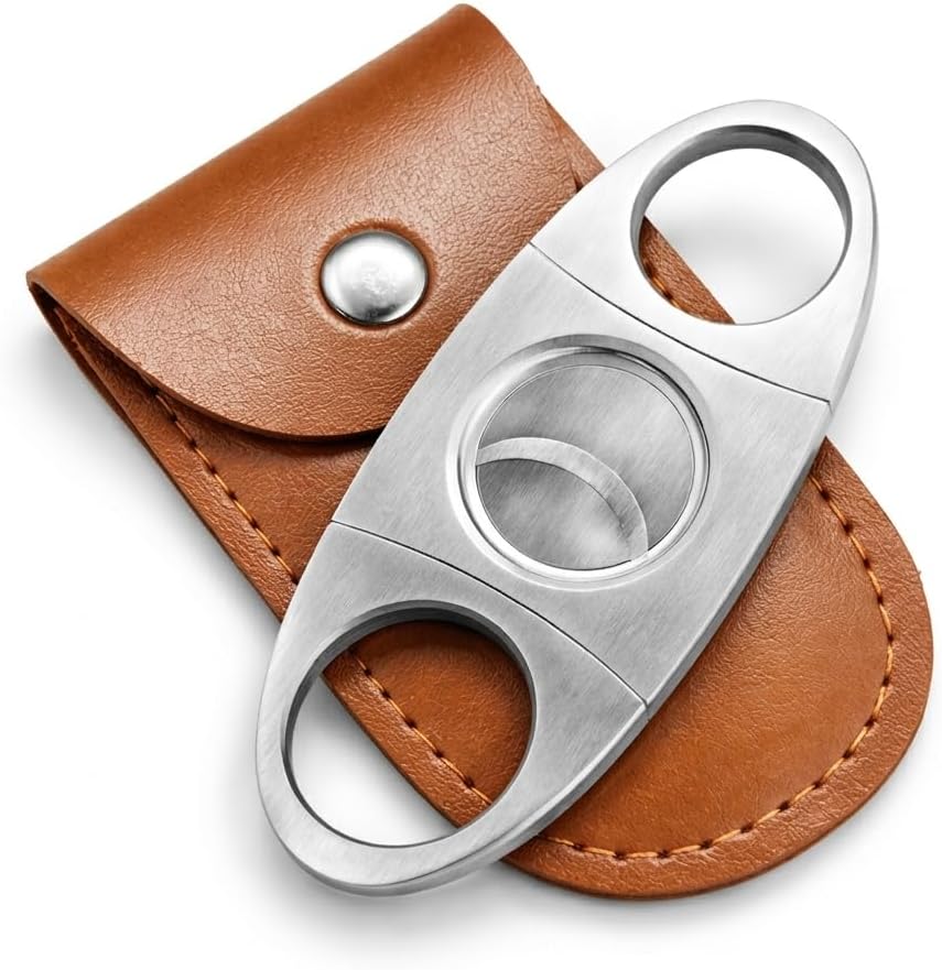 Cigar Cutter Stainless Steel – Double Blade Guillotine with Leather Case & Gift Box, 3-Hole Cigar Cutter for Men, Premium Cigar Accessories & Gifts for Fathers, Birthday, Christmas