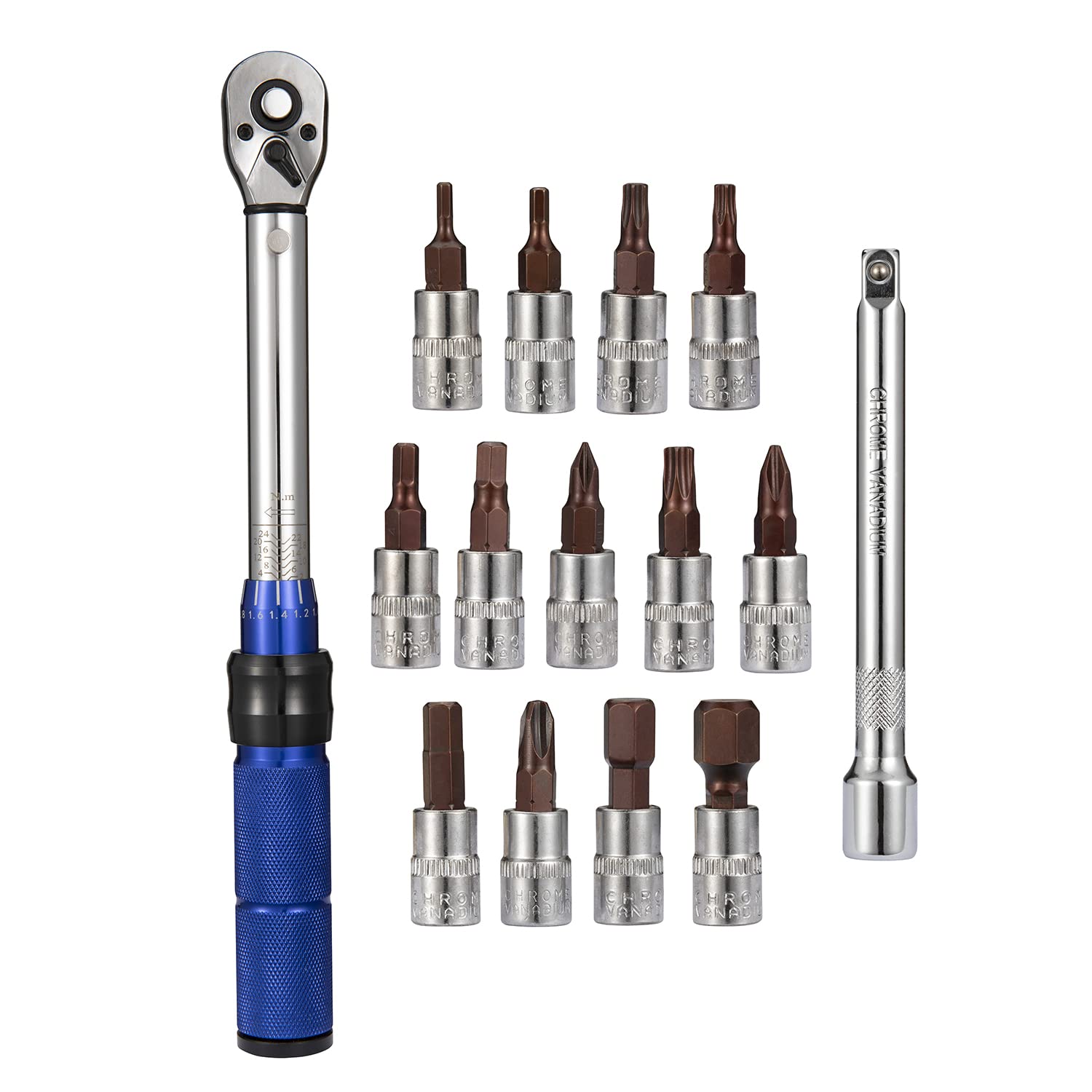 Clé dynamométrique pour vélo et moto 1/4" avec cliquet réversible et rallonge, 2-24 N.m, lot de 15 pièces, embouts hexagonaux et Torx