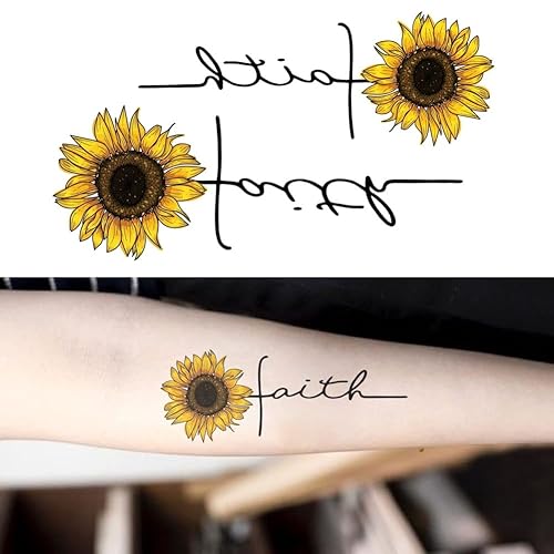 Miniatura 3 de Juego de 2 calcomanías de tatuaje temporal pequeñas y bonitas, diseño de girasol amarillo de Faith para manos, cuello, cara, muñeca, impermeable,