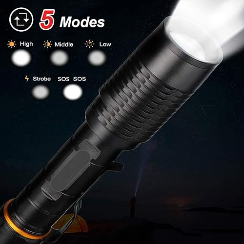 Miniatura 4 de Linternas tácticas LED recargables de alto lúmenes con batería, 5 modos de zoom impermeable, potente linterna de mano para campamento, senderismo al