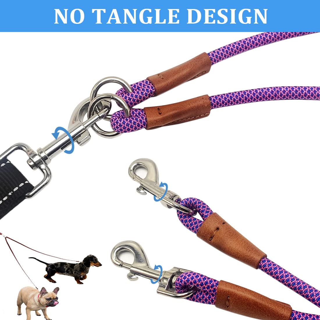 Correa doble para perro de 8 pies, correa de cuerda de 1/4 pulgadas para dos perros pequeños o medianos, mango suave giratorio de 360 grados, sin enredos, correa doble para 2 perros que