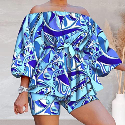 Blusa feminina sexy plus size folgada com estampa de cintura de uma palavra, short, terno de duas pe