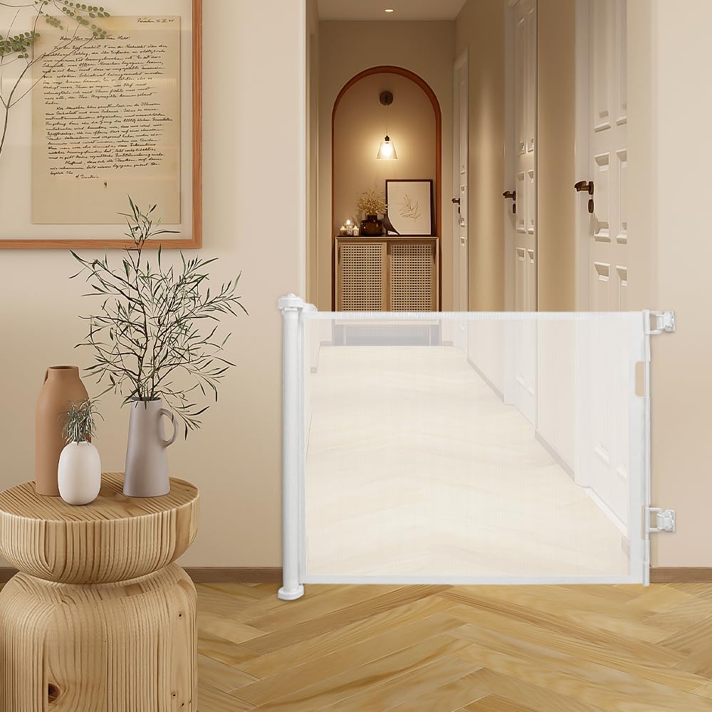 OHMG Barrière de Sécurité Rétractable 0-150cm pour Enfant et Chiens Chat Filet de Protection Extensible Opération à Une Main pour Extérieur Intérieur Porte Escaliers et Couloirs