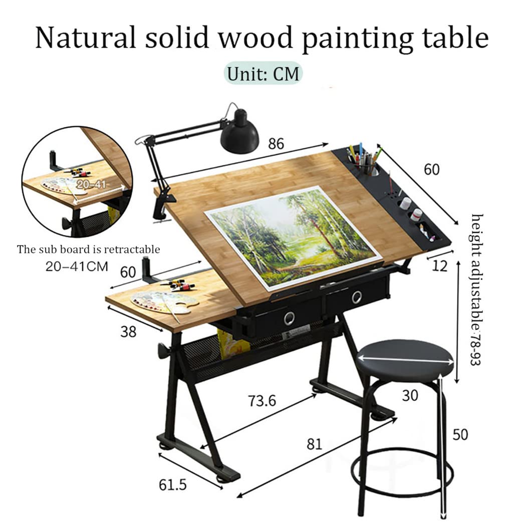 OTQEFTN Drafting Desk, Adjustable Drawing Table with Tiltable Tabletop/2 Storage Drawers/Stool, Art Desk Drafting Table Drawing Desk Computer Desk