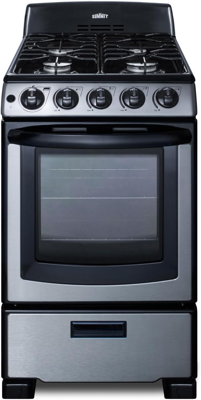 Summit 20" Gas Range, 4 Sealed Burners 2.3 cu.ft Capacity, Stainless Steel with Black Trim- PRO201SS