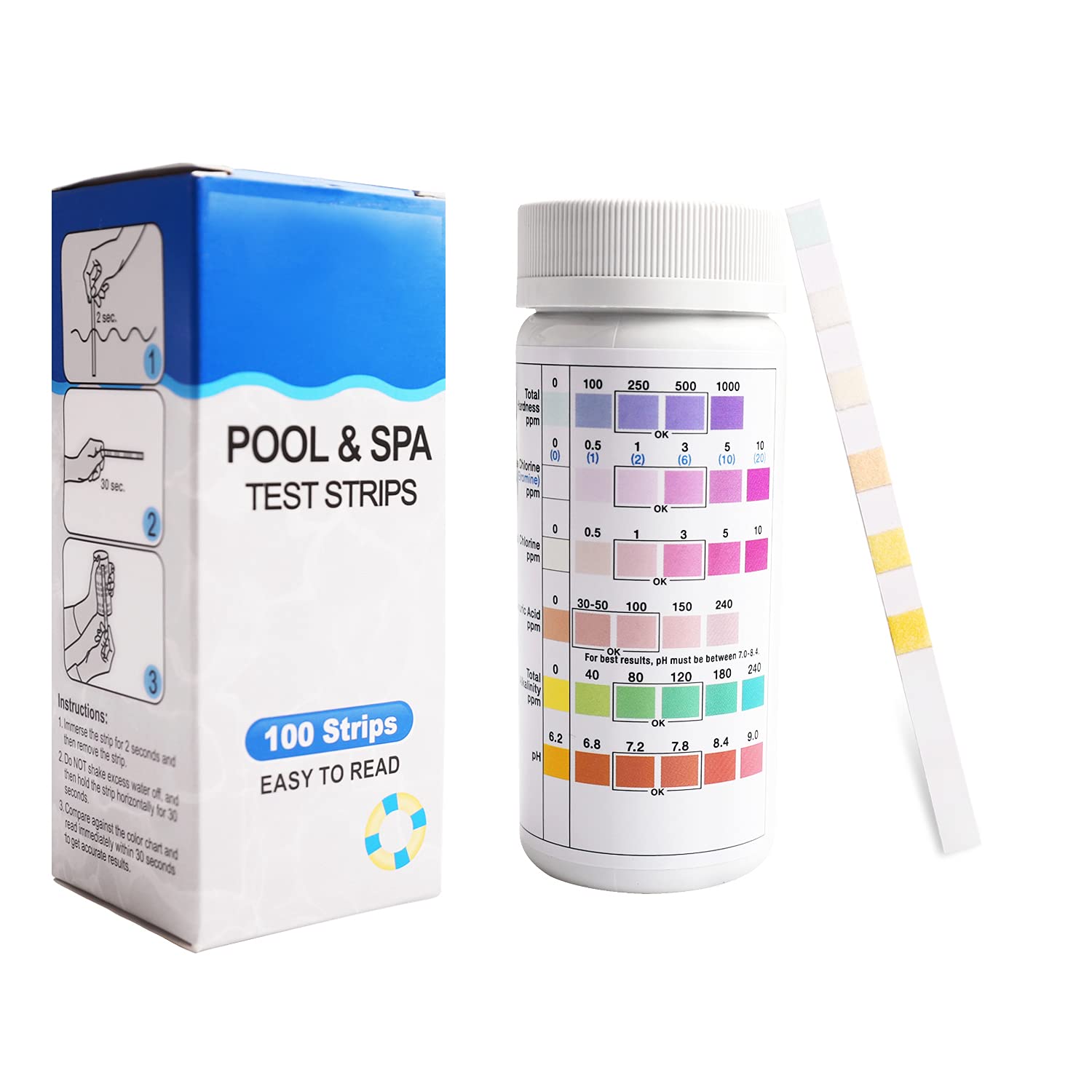 nuoshen 7 in 1 Water Test Strips,Pool Spa Hot Tub Test Strip for Chlorine, PH and Alkalinity