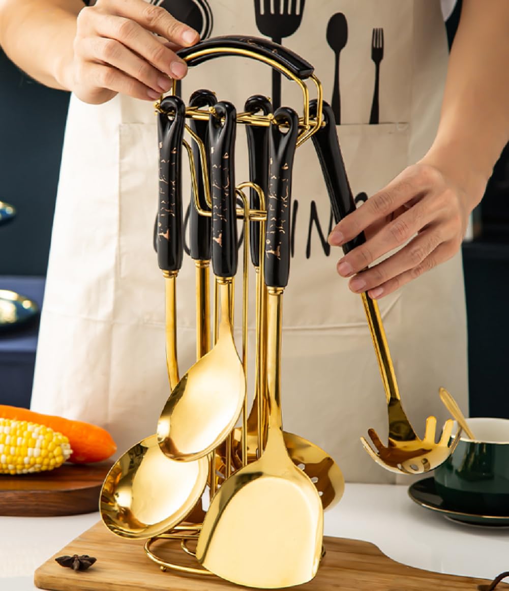 Juego De Utensilios De Cocina De Acero Inoxidable, 6 Piezas, Espátula, Cucharón Sopa, Espumadera, Servidor De Pasta Y Espumadera, Apto para Lavavajillas,Negro