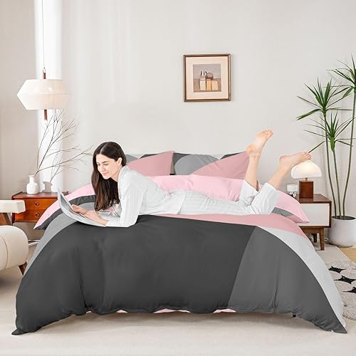 Miniatura 3 de Erosebridal Juego de funda de edredón de triángulo geométrico negro, gris, rosa, tamaño matrimonial, para niños, niñas y mujeres, funda de edredón