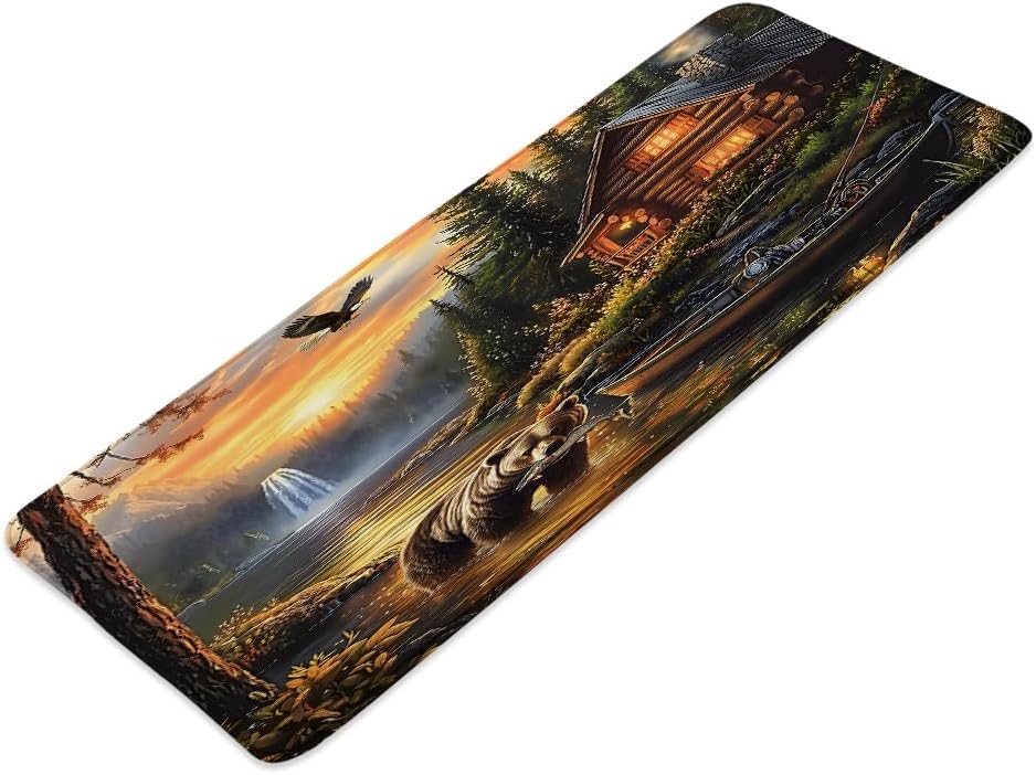 Farmhouse Cabin Bath Mat Rustic Lodge Fish Bear Eagle RV Hunting Camp Forest Waterfall Nature Fisherman Memory Foam Bathroom Kitchen Living Room Bedroom Rug 24x60In