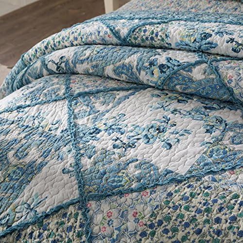Tache Cotton Patchwork Farmhouse Cottage Country Vintage Antique Ditsy Floral Paisley White Blue Scalloped Lightweight Coverlet Petal Dance Quilt Set, King - Image 6