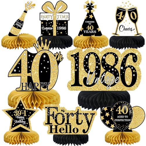 Image of 9 Pcs 40th Birthday Decorations Honeycomb Centerpieces for Women Men, Black Gold 1986 Aged to Perfection Vintage Centerpieces for Tables Toppers,Forty Years Party Decorations Supplies