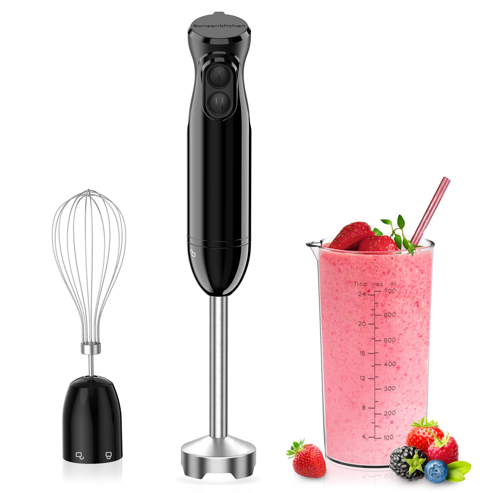 Hand Blender, 3-in-1 Immersion Blender handheld, Stick Blender Electric with Stainless Steel Blade, Egg Whisk, 700ml Beaker for Making Baby Food, Soups, HB3202 (Black)