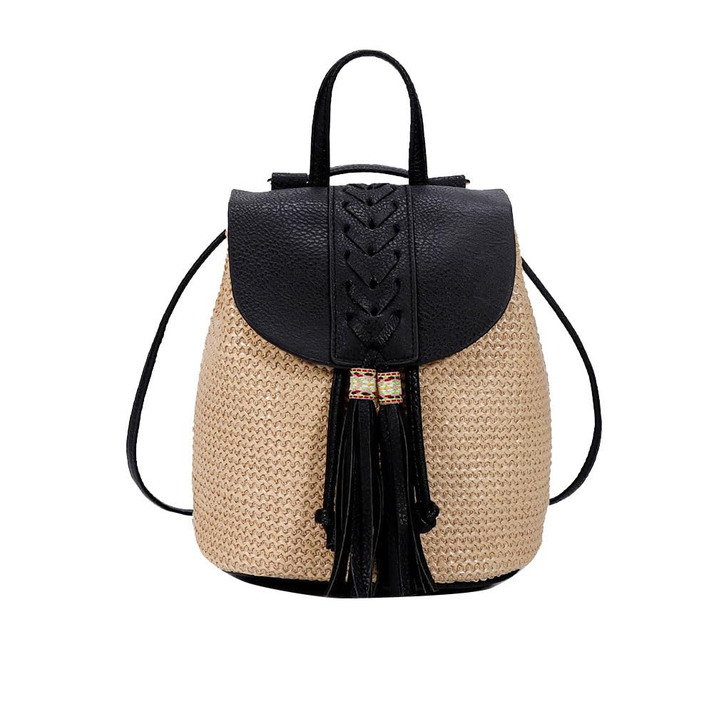 GUOCUWomen Bohemian Mini Straw Bag Summer Holiday Adjustable Backpack  Shoulder Bag Multi-Purpose Woven Raffia Beach Bag Small Shoulder Daypack