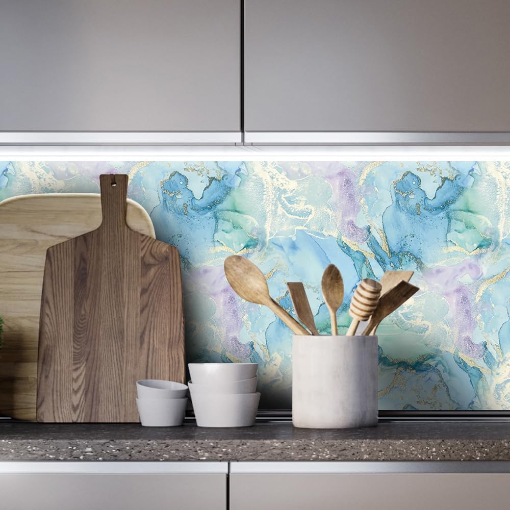 Watercolor Blue Gold Marble Peel and Stick Wallpaper Self Adhesive Removable Wall Paper Renter Friendly Contact Paper for Bedroom Bathroom Shelf Liner 17.71"X236.2"