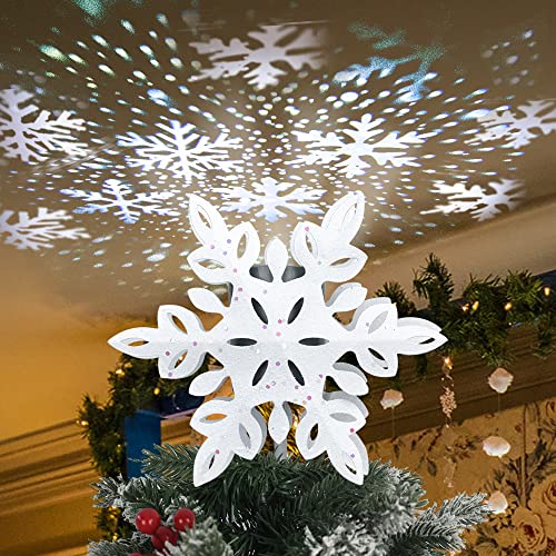 YEAHOME Schneeflocke Weihnachtsbaum Topper, 3D beleuchtete Weihnachtsbaumspitze Schneeweiß Weihnachtsbaumspitze mit Schneeflocke Projektor Lichter für Weihnachtsbaumschmuck Cover