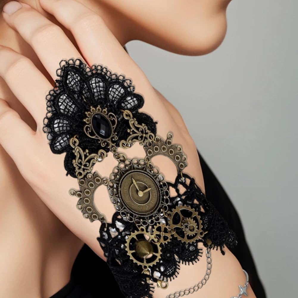 Fingerless Gloves Gothic Victorian Steampunk Wristband Bronze Gears Hand Chains Lace Wristbands Clock Gloves
