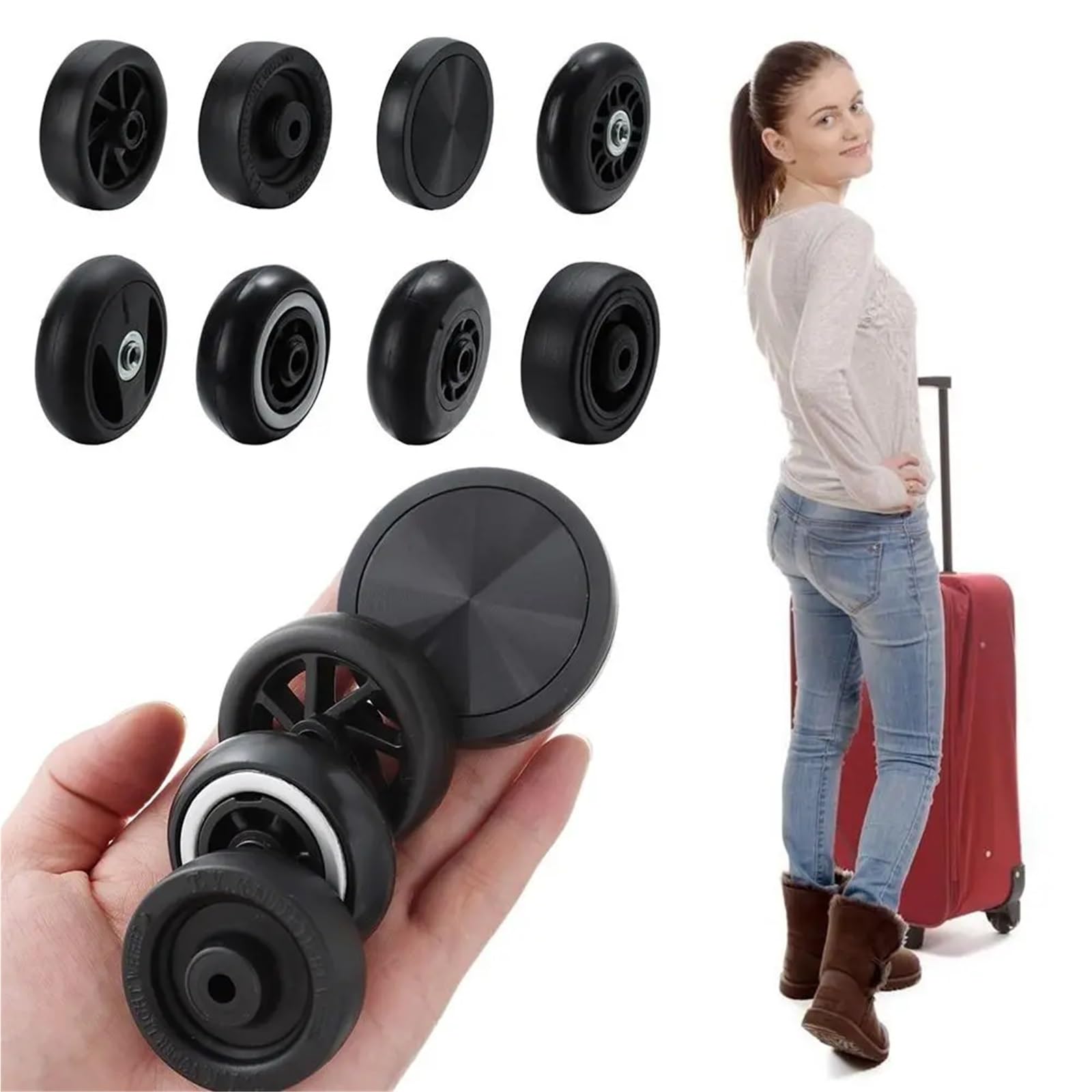 Ruote di ricambio per bagagli, 4 paia di ruote silenziose in PVC, kit di riparazione per valigie da viaggio e bagagli, parti di ricambio fai da te con viti, misura universale