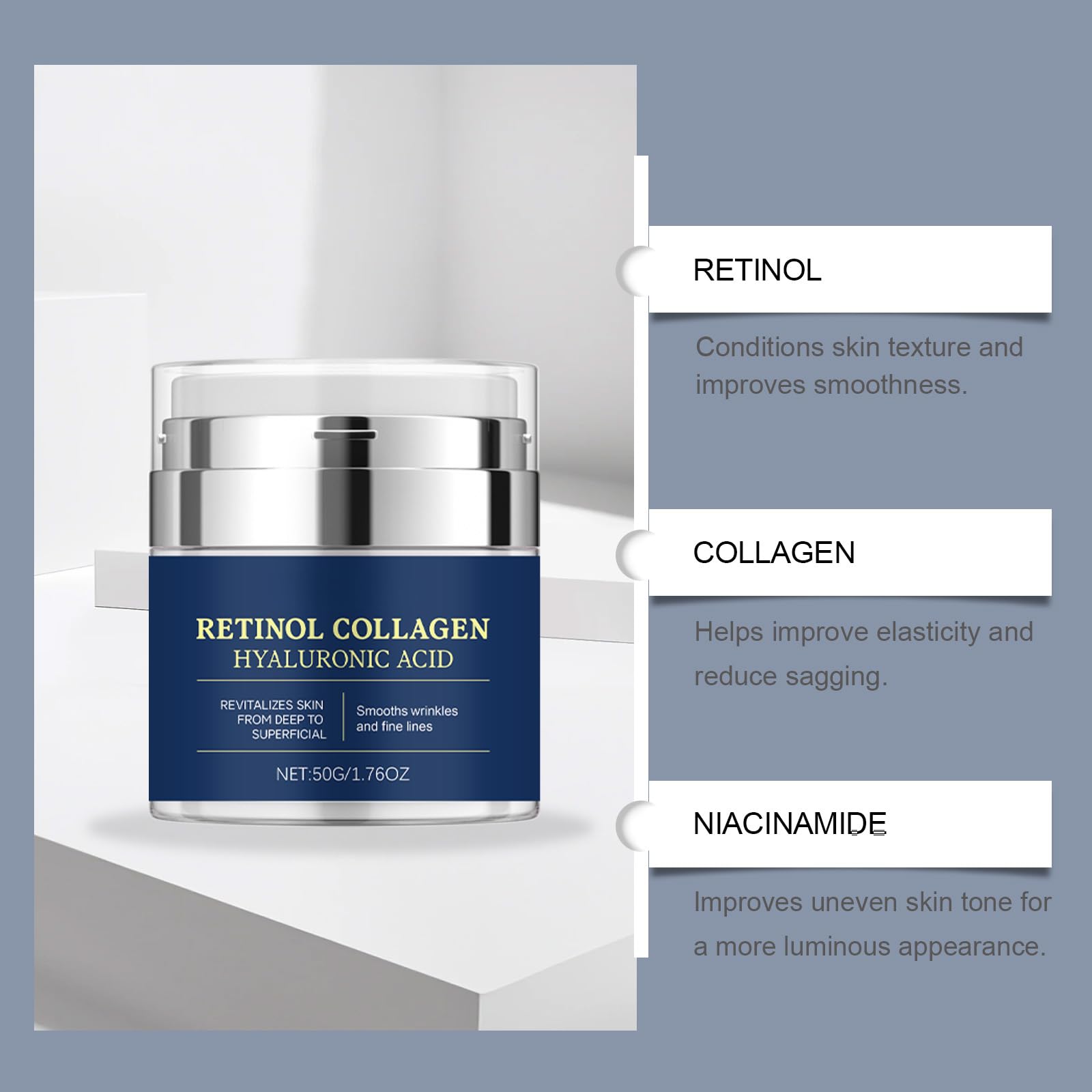 RétinolCrema Viso Anti età Giorno e Notte Idratante e Rassodante Contro Rughe e Linee Sottili con Niacinamide e Collagene1.76,3can