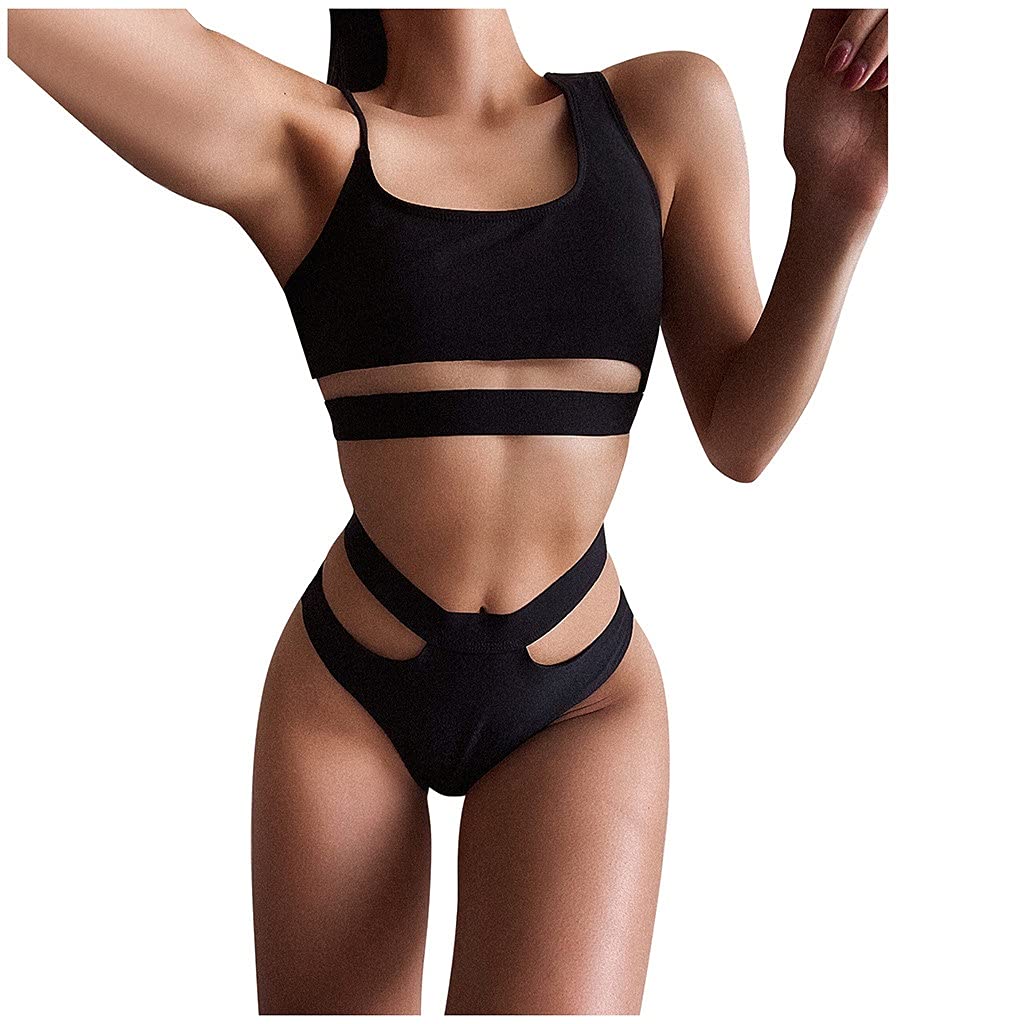 Moda Seksowne kobiety Solidne bikini push-up damskie stroje kąpielowe Split strój kąpielowy zestaw średniej talii strój kąpielowy pływać (kolor: czerwony, rozmiar: średni kod) (czarny duży kod)