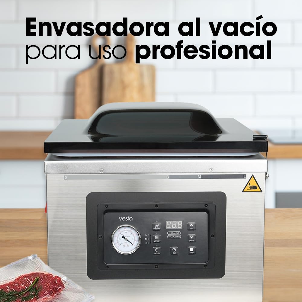 Vesta Precision Máquina Envasadora de Alimentos Profesional C20 para Uso Industrial | Envasadora al Vacío de Cámara 42,7x45,2x17,5cm con Barra de Doble Hilo de Sellado 41cm | Bomba de Aceite 20 m³/h