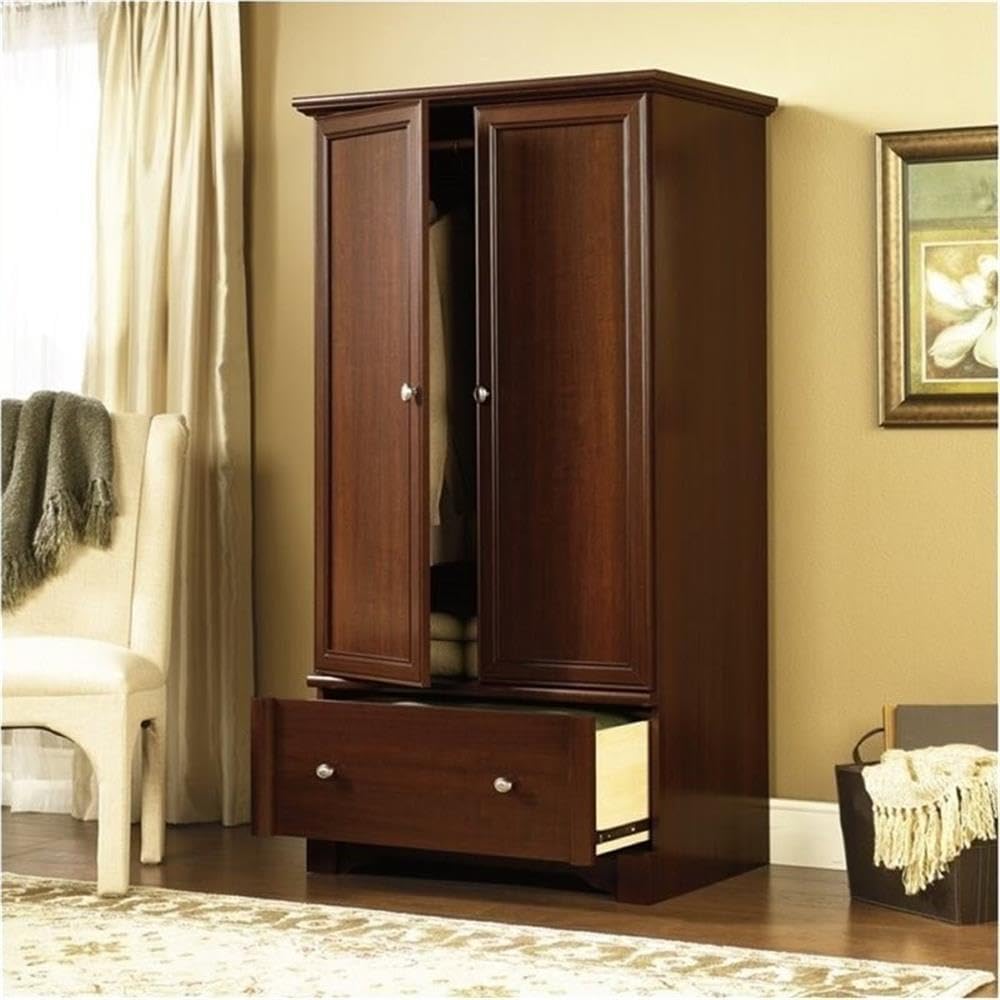 BOWERY HILL Traditional Wood Wardrobe Armoire, 66 in Height, Cherry Finish, 36.3 in Width x 21.4 in Depth, Elegant Storage Cabinet for Bedroom or Home Décor