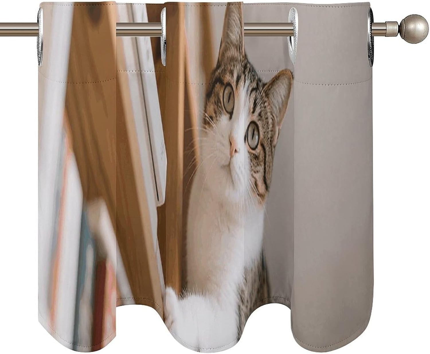 Cat on The Bookshelf Valance for Windows, 2 Pack Kitchen Curtains Modern Home Decor, Soft Blackout Window Curtains for Living Room & Bedroom, 18 X 52 Inch
