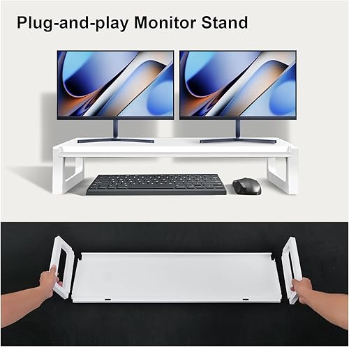 Miniatura 5 de Soporte elevador para monitor doble, soporte para monitor de computadora de 28 pulgadas con ranura multifuncional para 2 monitores, almacenamiento