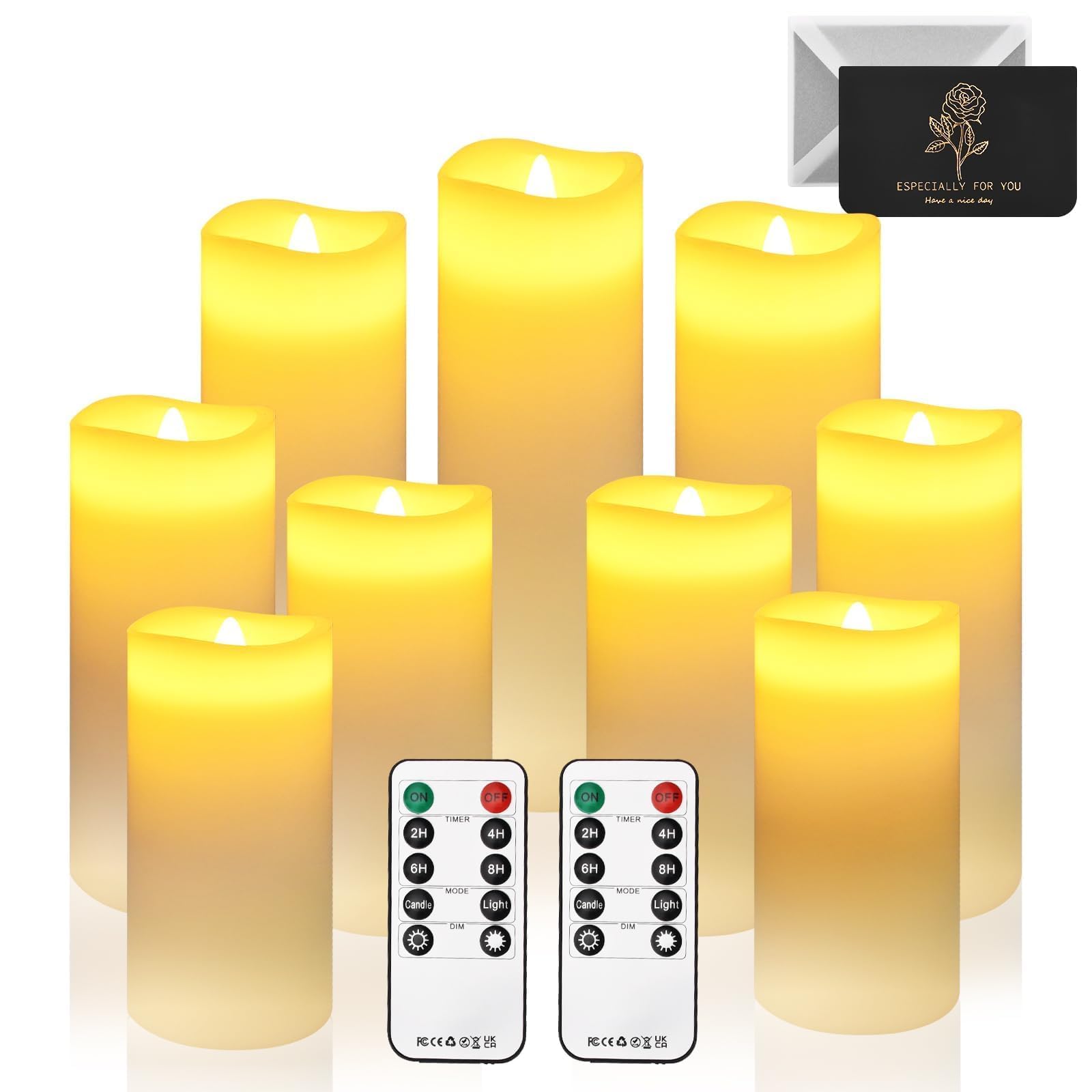 UCAMP Velas LED,Pack de 9 LED Velas sin Llama,Llama Parpadeante (13/14/16/18/20/22cm),Velas sin Llama,Cera real,con Mando a Distancia y Temporizador Velas Decorativas de pilas