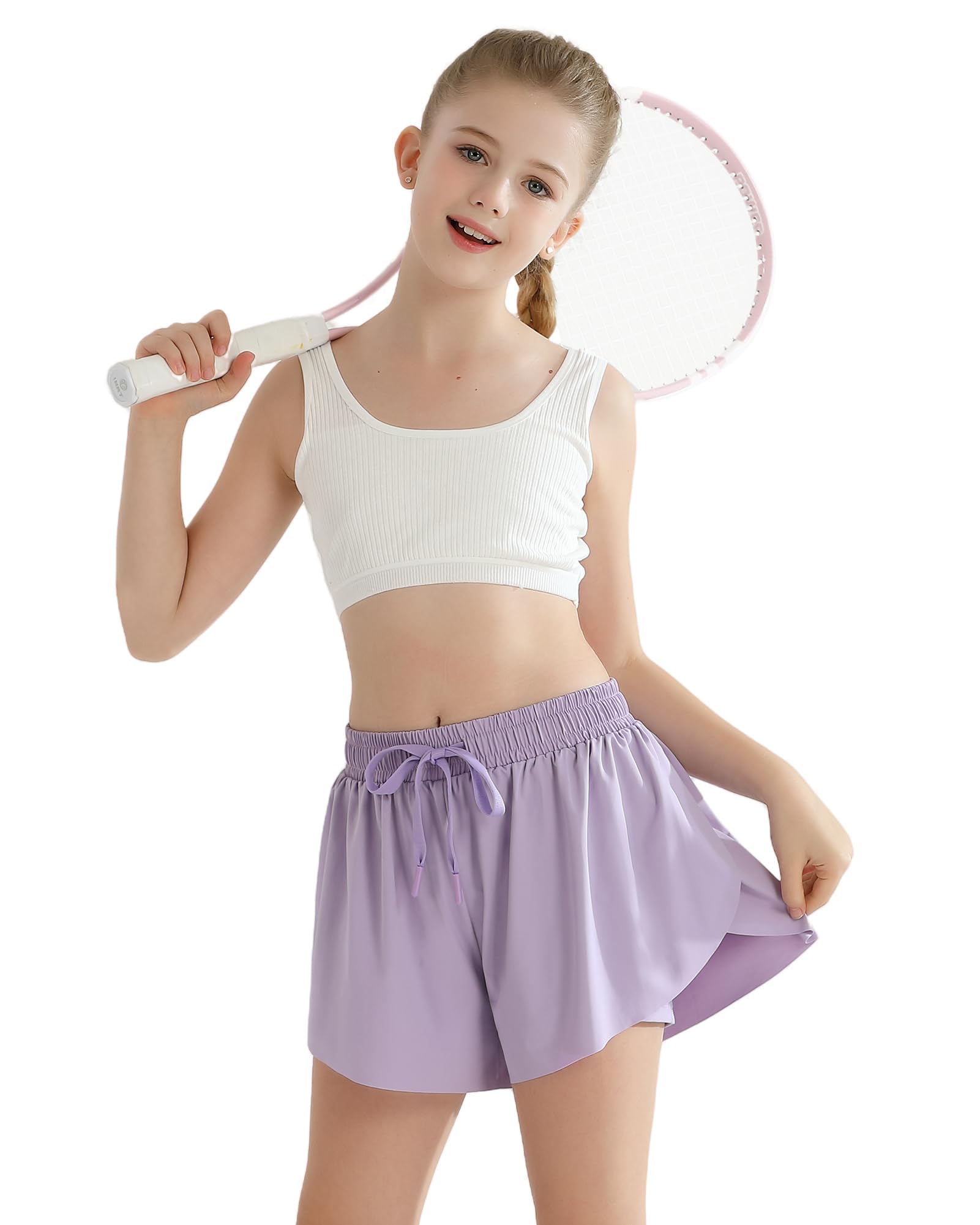 Girls Flowy Athletic Shorts with Pocket Kids Spandex 2 in 1 Drawstring Butterfly Skorts for Cheer, Dance, Running