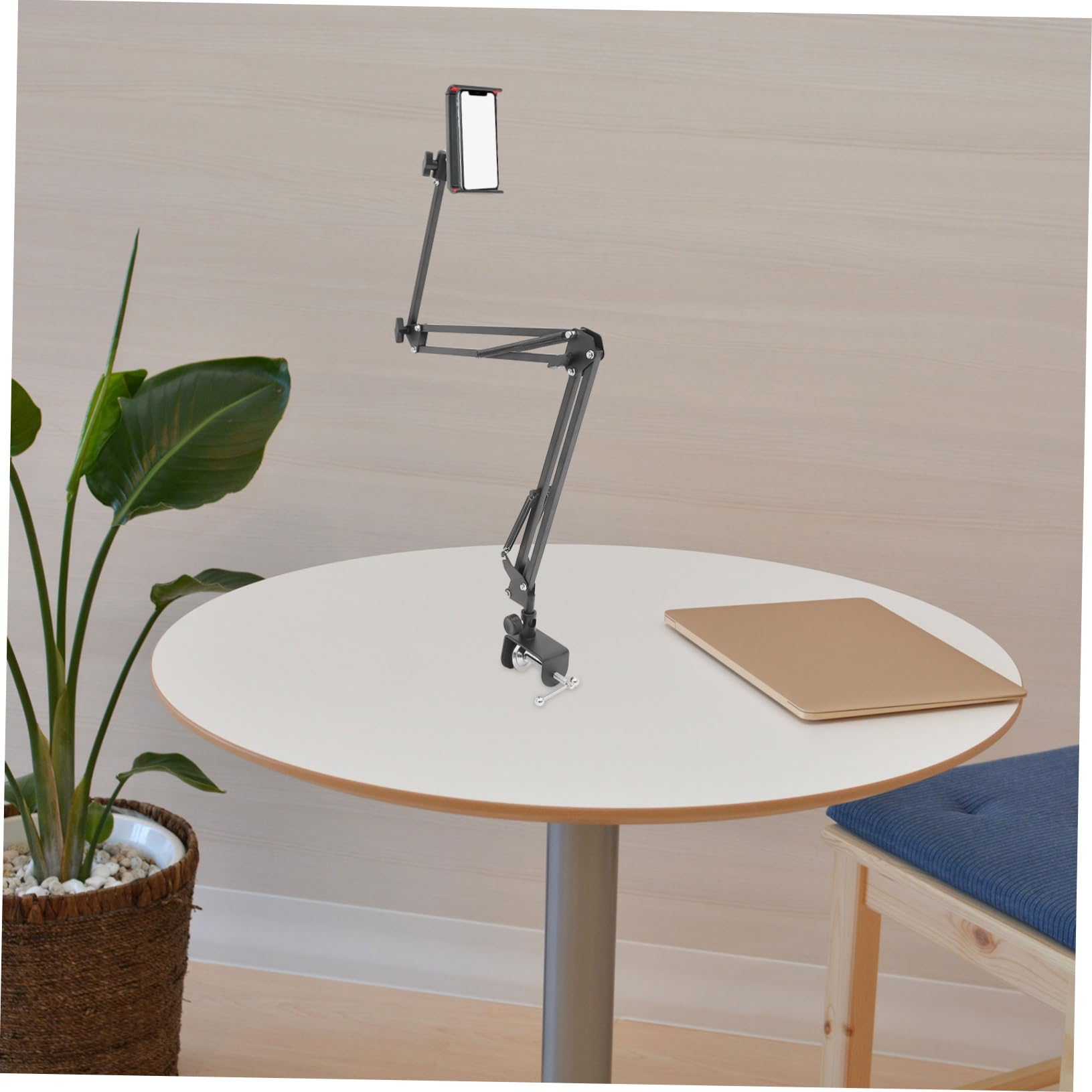 HEMOTON Soporte Giratorio Plegable para Tablet y Teléfono de Escritorio, Brazo Telescópico de Metal Negro para Liberar Manos en Escritorios y Sillones