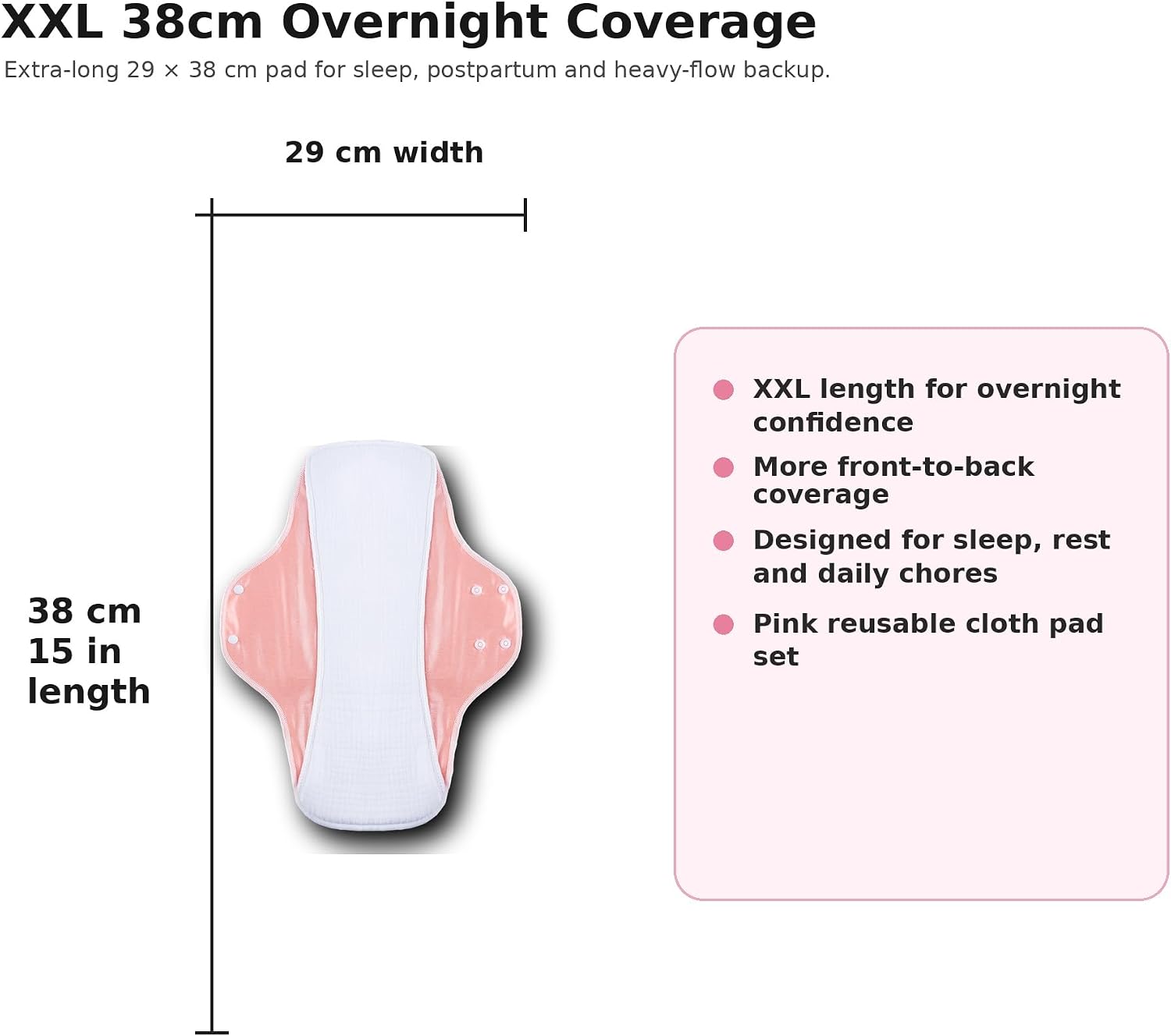 SEQ 12 Pack XXL Reusable Cloth Menstrual Pads — Save $150/Year, 38cm Overnight Period Pads with Wings, Soft Cotton Touch, 3-Layer Absorbency, Snap Buttons, Wet Bag & Pouches, Postpartum & Heavy Flow