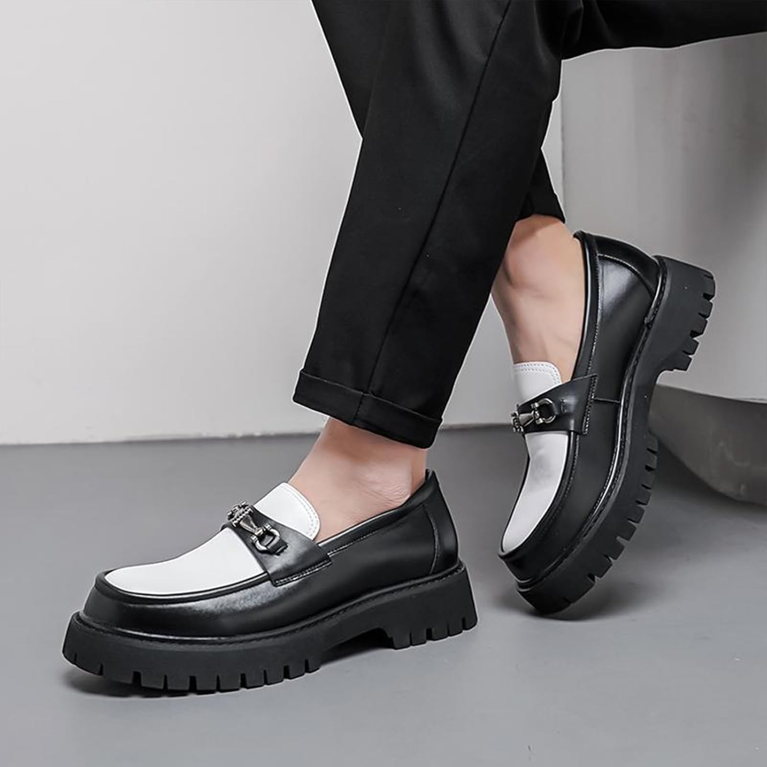 XENTORD Men's Patent Leather Platform Loafers Comfort Non-Slip Lug Sole Slip-On Dress Shoes with Metal Horsebit Detail for Business Office & Casual - Image 6