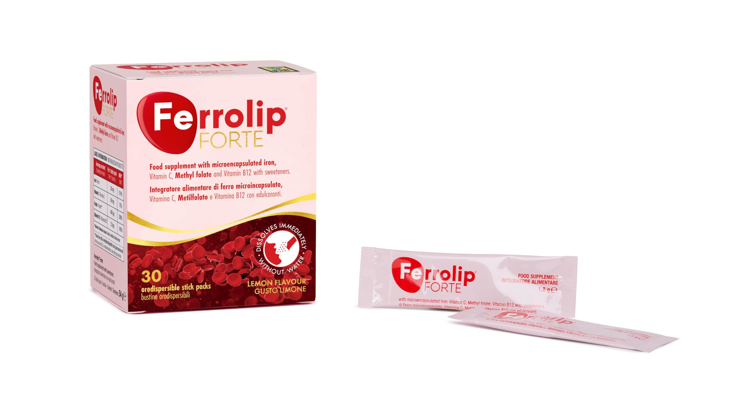 Ferrolip Forte Integratore Ferro e Acido Folico (30 Bustine Orosolubili al Limone) - Senza Fastidi Gastrointestinali - Privo di Sapore Metallico - Con Vitamina C e B12