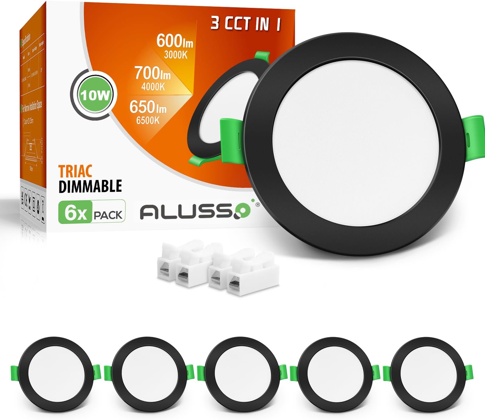 ALUSSO Ultra Slim 10W Dimmable LED Downlights, 700LM Recessed Ceiling Lights, 3000K-6500K Adjustable, 30MM Height Black for Bathroom, IP44 Spotlights, 6 Pack