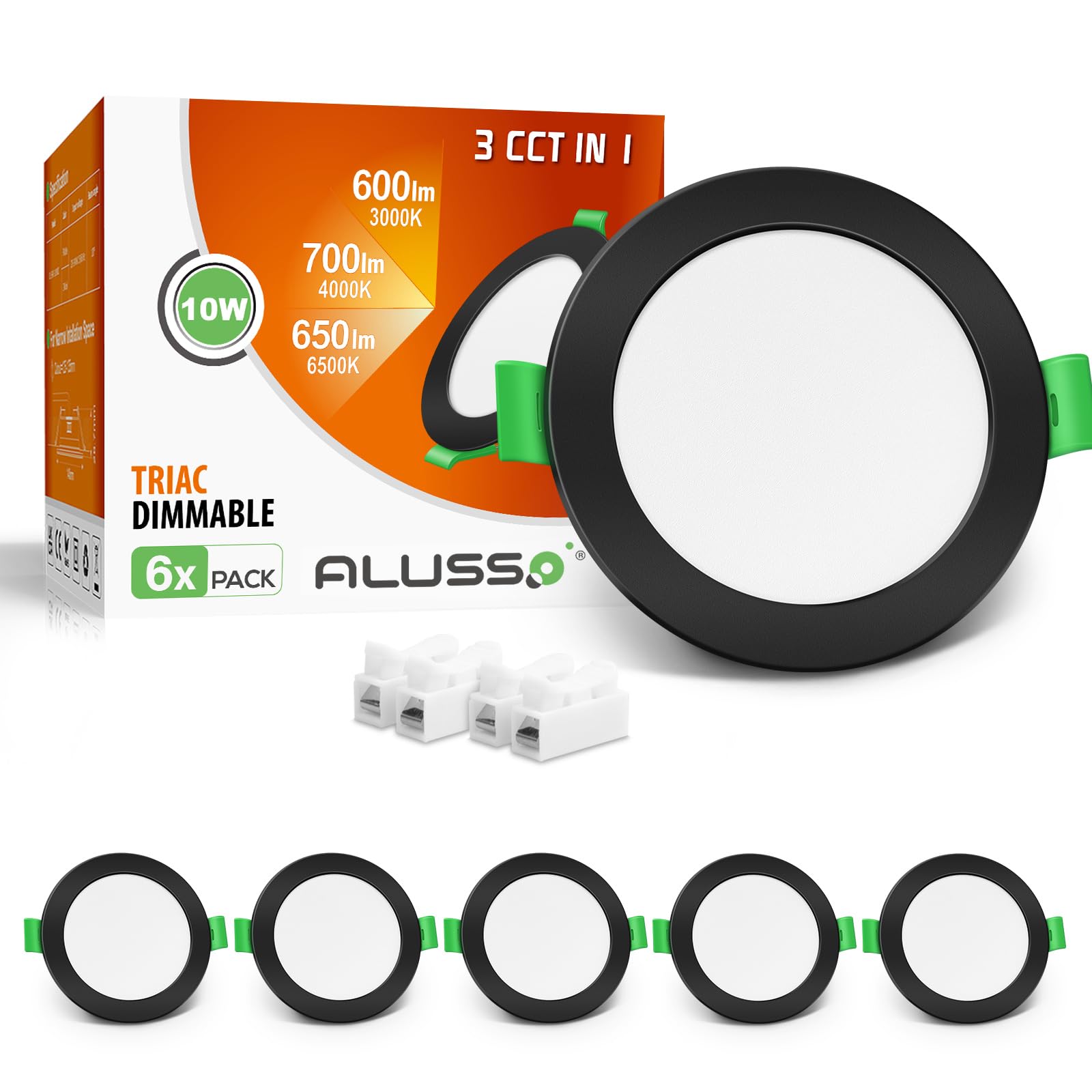 ALUSSO LED Downlights Ultra Slim 10W Dimmable, 700LM LED Recessed Ceiling Lights, 3000K 4000K 6500K Adjustable, 30MM Height Black Downlights for Ceiling, IP44 LED Spotlights for Bathroom, 6 Pack [Energy Class F]