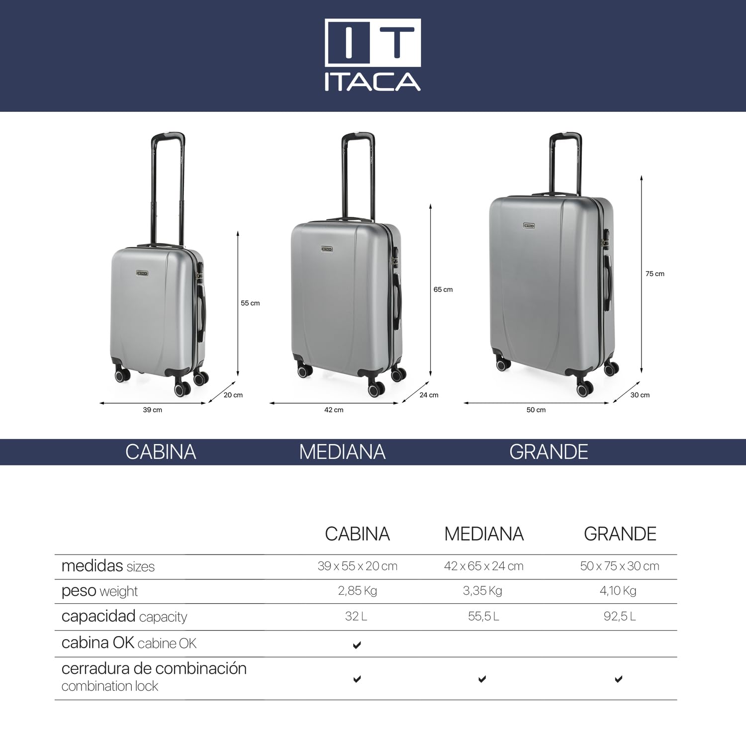 ITACA - Maleta de Cabina 55x40x20 de Viaje rígidas Trolley con 4 Ruedas Dobles para Avion Ligera Equipaje de Mano candado de combinación., Plata — view 7