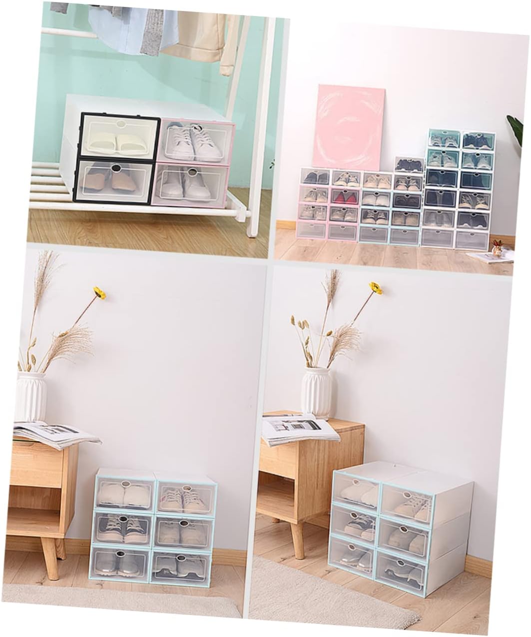 Cabilock 6PCS Thickened Transparent Shoe Boxes Plastic Shoe Containers for Men Black Frame White Storage Organizer Stackable Closet and Storage Bins